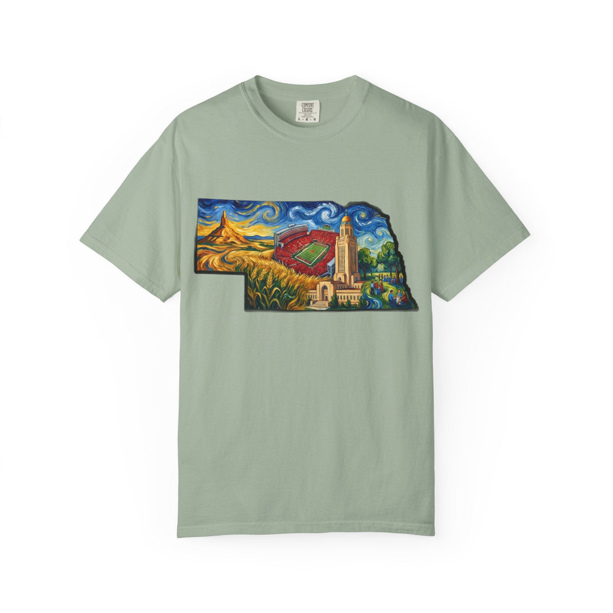 LNK.Nebraska Landmarks T-Shirt — Vincent Van Gogh Style State Art | Big Red Game Day Nebraska Gift Tee - Wax | Wane - big red - T-Shirt2