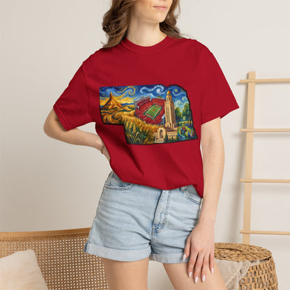 LNK.Nebraska Landmarks T-Shirt — Vincent Van Gogh Style State Art | Big Red Game Day Nebraska Gift Tee - Wax | Wane - big red - T-Shirt60