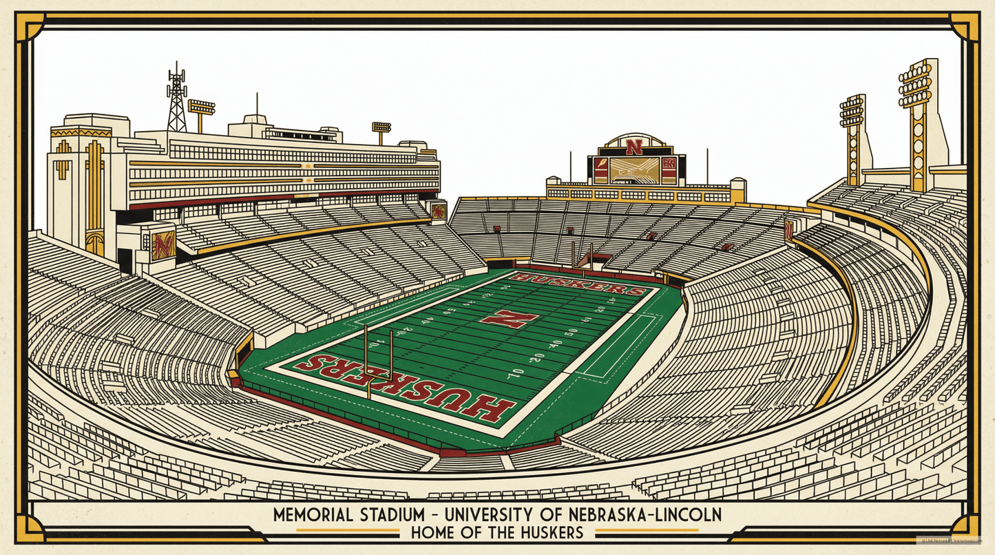 LNK.Nebraska Memorial Stadium Collector's Set - 3 Premium Art Deco Digital Prints - Wax | Wane - Art Deco - Digital Download1