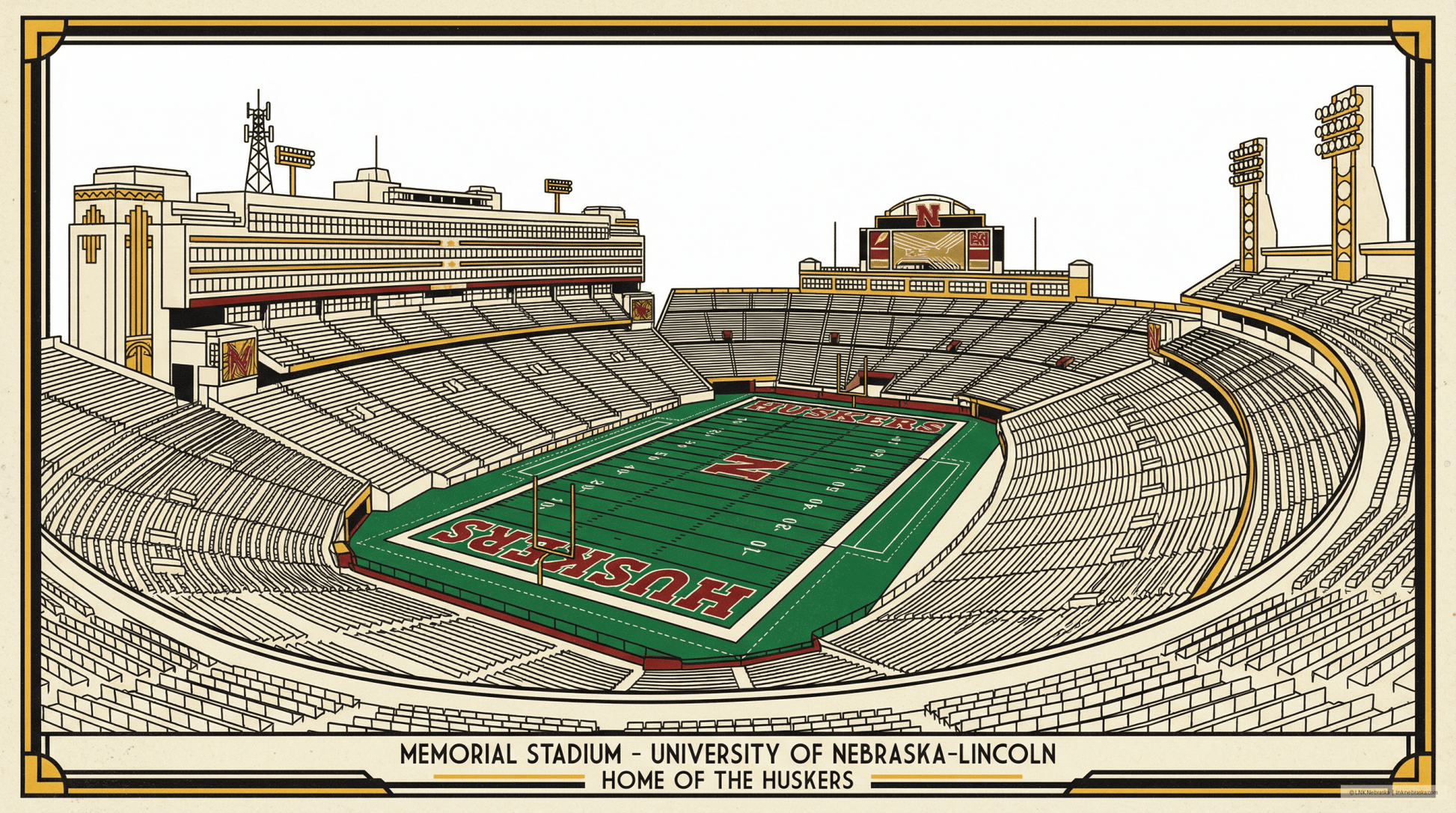LNK.Nebraska Memorial Stadium Collector's Set - 3 Premium Art Deco Digital Prints - Wax | Wane - Art Deco - Digital Download1