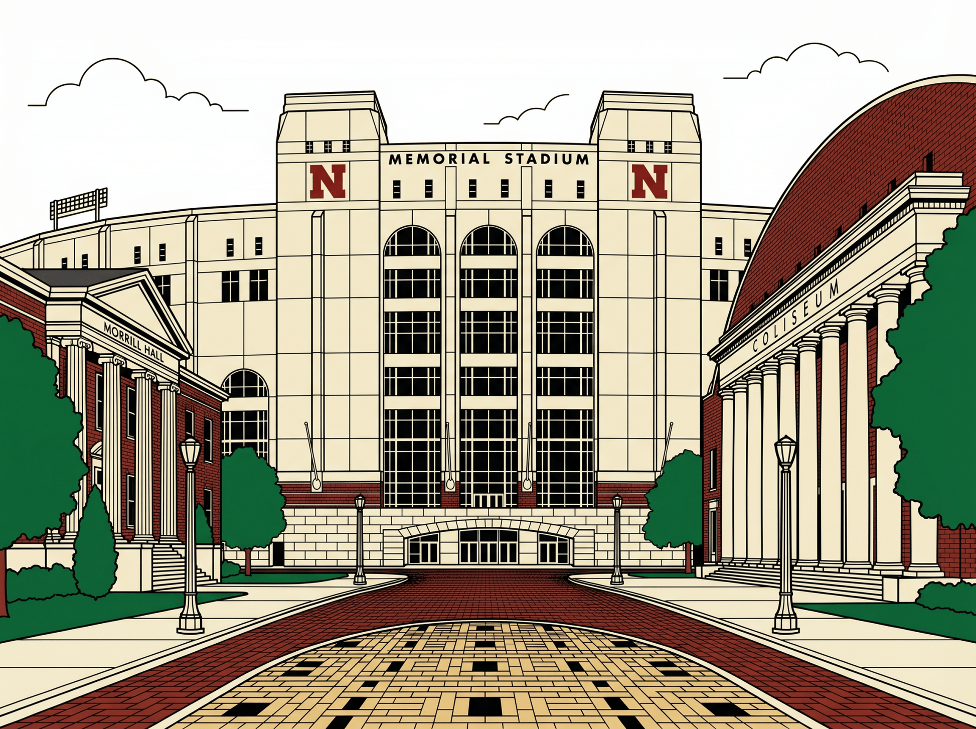 LNK.Nebraska Memorial Stadium Collector's Set - 3 Premium Art Deco Digital Prints - Wax | Wane - Art Deco - Digital Download3