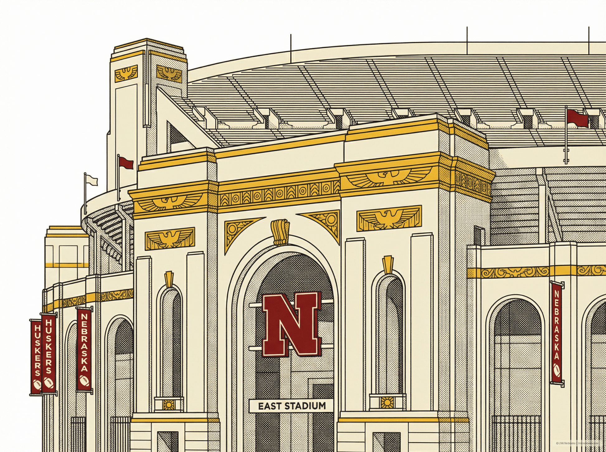 LNK.Nebraska Memorial Stadium East Facade - Premium Art Deco Digital Print - Wax | Wane - Art Deco - Digital Download1