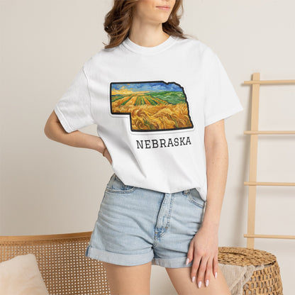 LNK.Nebraska Wheat Fields T-Shirt — Vincent Van Gogh Style Prairie State Art | 100% Cotton Comfort Colors Nebraska Gift - Wax | Wane - farmhouse decor - T-Shirt5