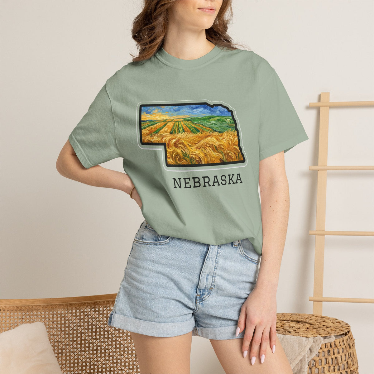 LNK.Nebraska Wheat Fields T-Shirt — Vincent Van Gogh Style Prairie State Art | 100% Cotton Comfort Colors Nebraska Gift - Wax | Wane - farmhouse decor - T-Shirt8