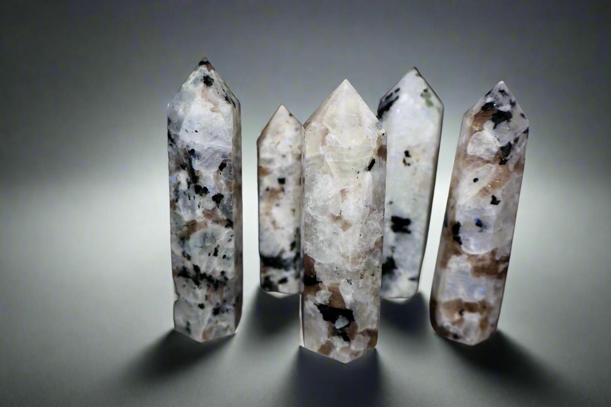 Moonstone Crystal Obelisk with Natural Rainbow Aura Inclusions, 3 - 4" - Wax | Wane