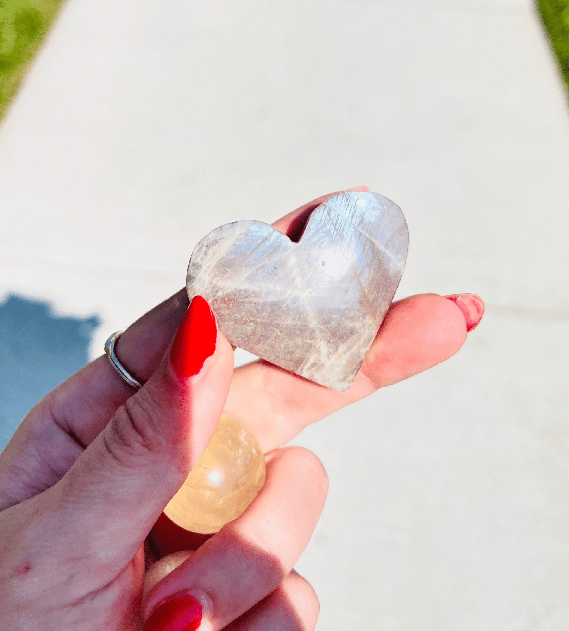 Moonstone Palm Stone with Rainbow Aura Inclusions - Wax | Wane