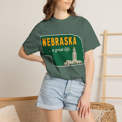 Nebraska “A Great Life” T-Shirt — Retro State Sign | Vintage Nebraska Good Life Gift Tee - Wax | Wane - gift for her - T-Shirt24