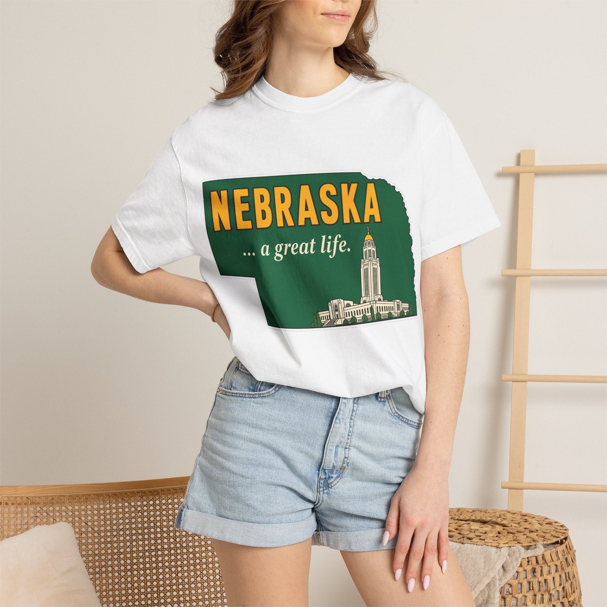 Nebraska “A Great Life” T-Shirt — Retro State Sign | Vintage Nebraska Good Life Gift Tee - Wax | Wane - gift for her - T-Shirt15