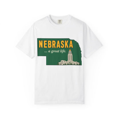 Nebraska “A Great Life” T-Shirt — Retro State Sign | Vintage Nebraska Good Life Gift Tee - Wax | Wane - gift for her - T-Shirt1