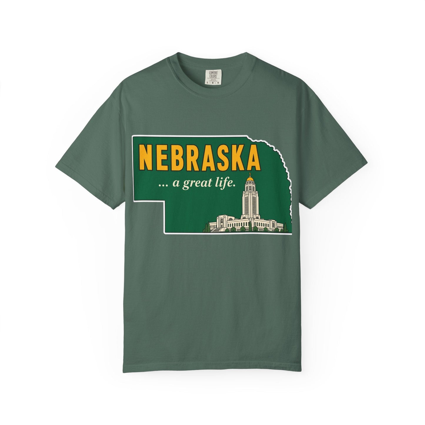 Nebraska “A Great Life” T-Shirt — Retro State Sign | Vintage Nebraska Good Life Gift Tee - Wax | Wane - gift for her - T-Shirt4