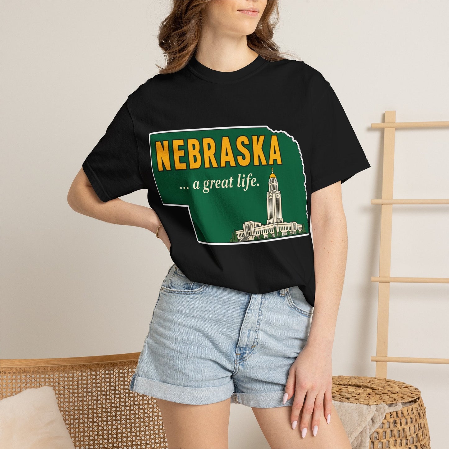 Nebraska “A Great Life” T-Shirt — Retro State Sign | Vintage Nebraska Good Life Gift Tee - Wax | Wane - gift for her - T-Shirt48