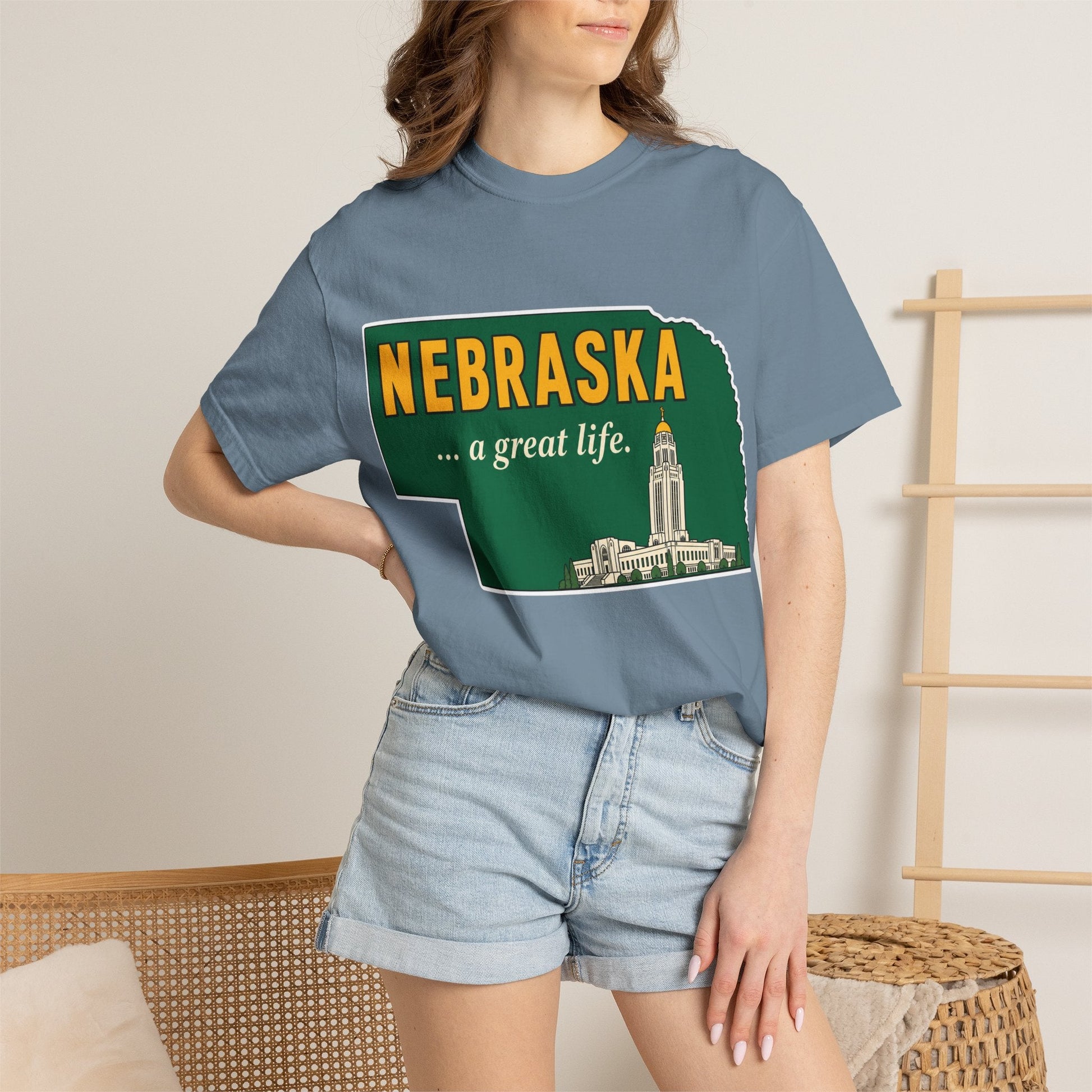 Nebraska “A Great Life” T-Shirt — Retro State Sign | Vintage Nebraska Good Life Gift Tee - Wax | Wane - gift for her - T-Shirt42
