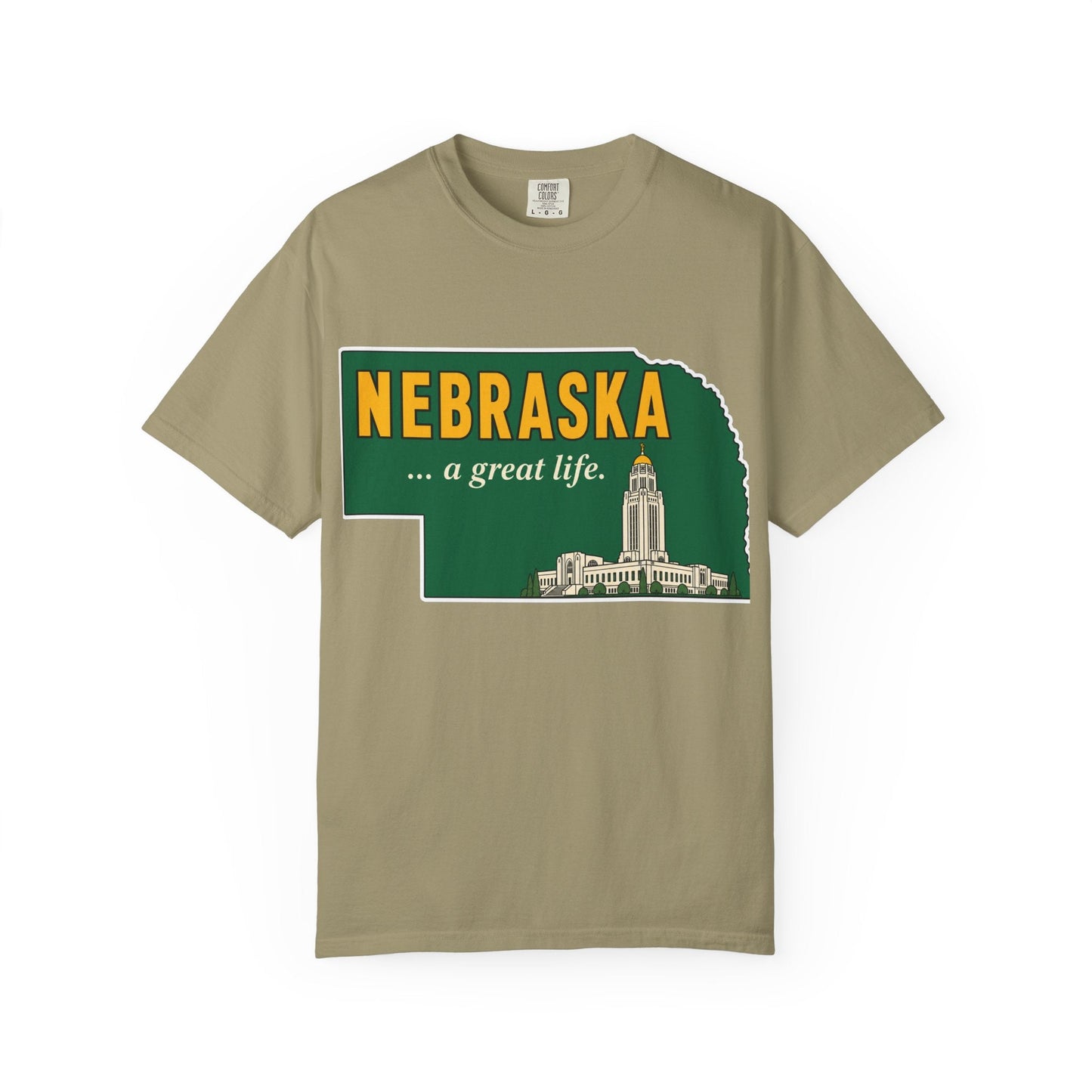 Nebraska “A Great Life” T-Shirt — Retro State Sign | Vintage Nebraska Good Life Gift Tee - Wax | Wane - gift for her - T-Shirt6