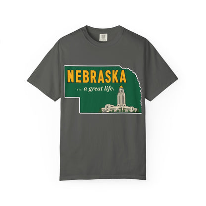 Nebraska “A Great Life” T-Shirt — Retro State Sign | Vintage Nebraska Good Life Gift Tee - Wax | Wane - gift for her - T-Shirt2