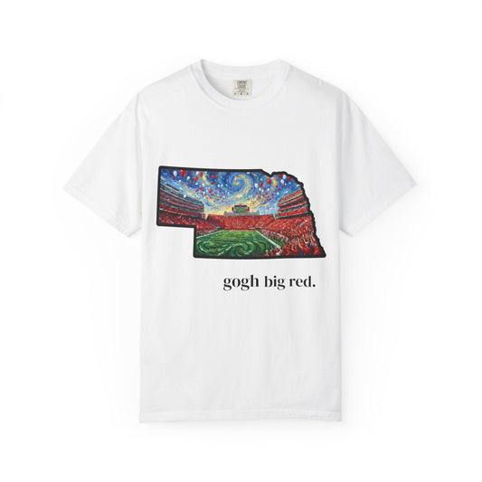 Nebraska 'Gogh' Cornhuskers Parody T-Shirt — Van Gogh Style Big Red Design - Wax | Wane - art parody shirt - T-Shirt1