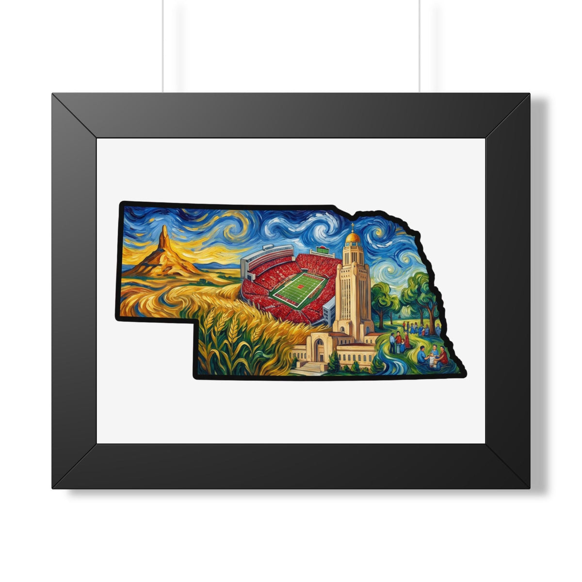 Nebraska Landmarks Framed Print — Van Gogh Style State Wall Art | Big Red Game Day Decor - Wax | Wane - big red - Poster1