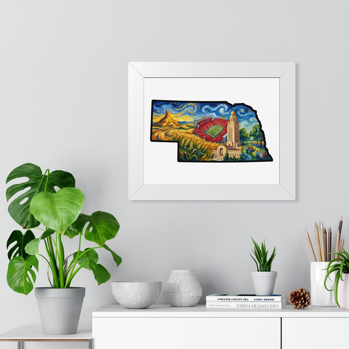 Nebraska Landmarks Framed Print — Van Gogh Style State Wall Art | Big Red Game Day Decor - Wax | Wane - big red - Poster8