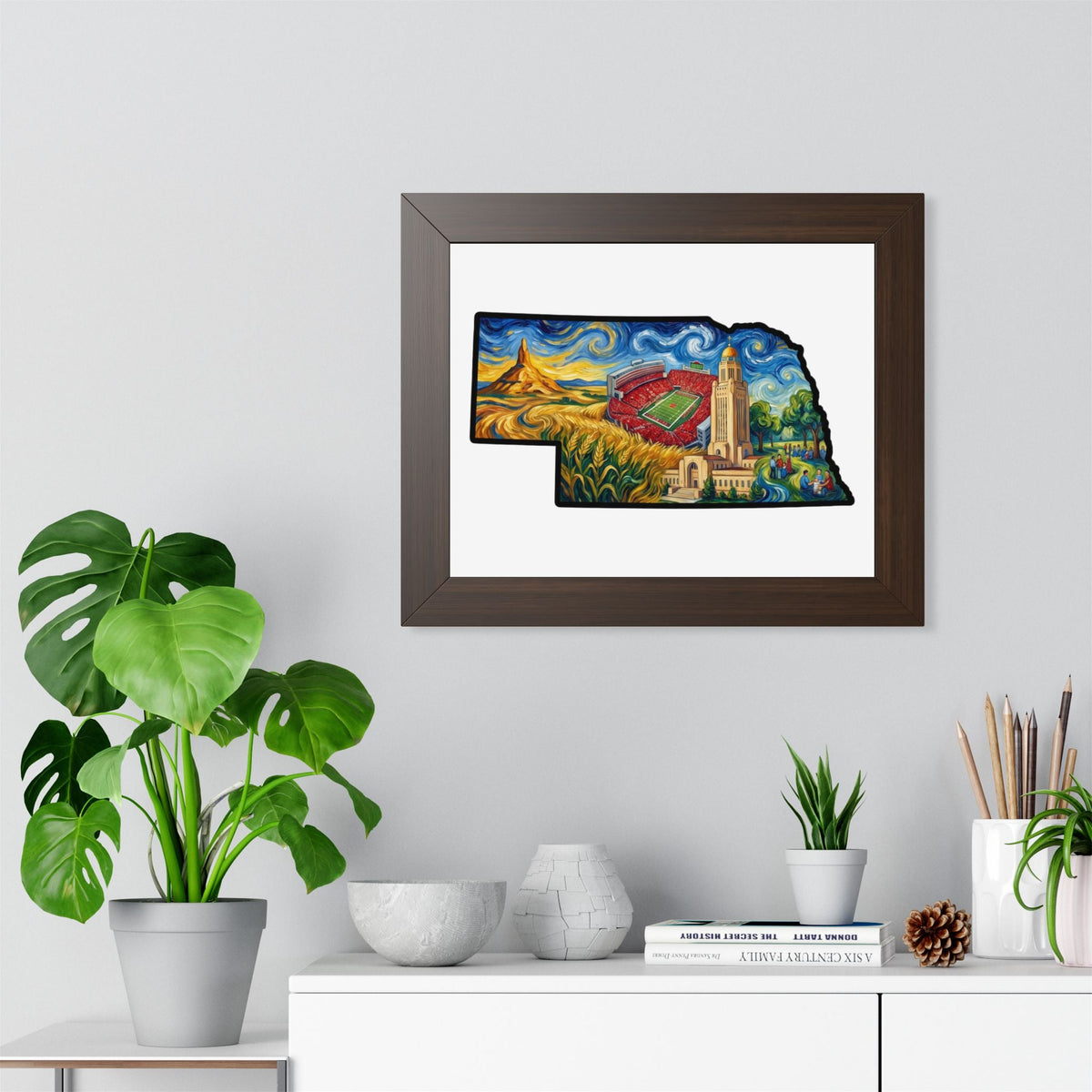 Nebraska Landmarks Framed Print — Van Gogh Style State Wall Art | Big Red Game Day Decor - Wax | Wane - big red - Poster6