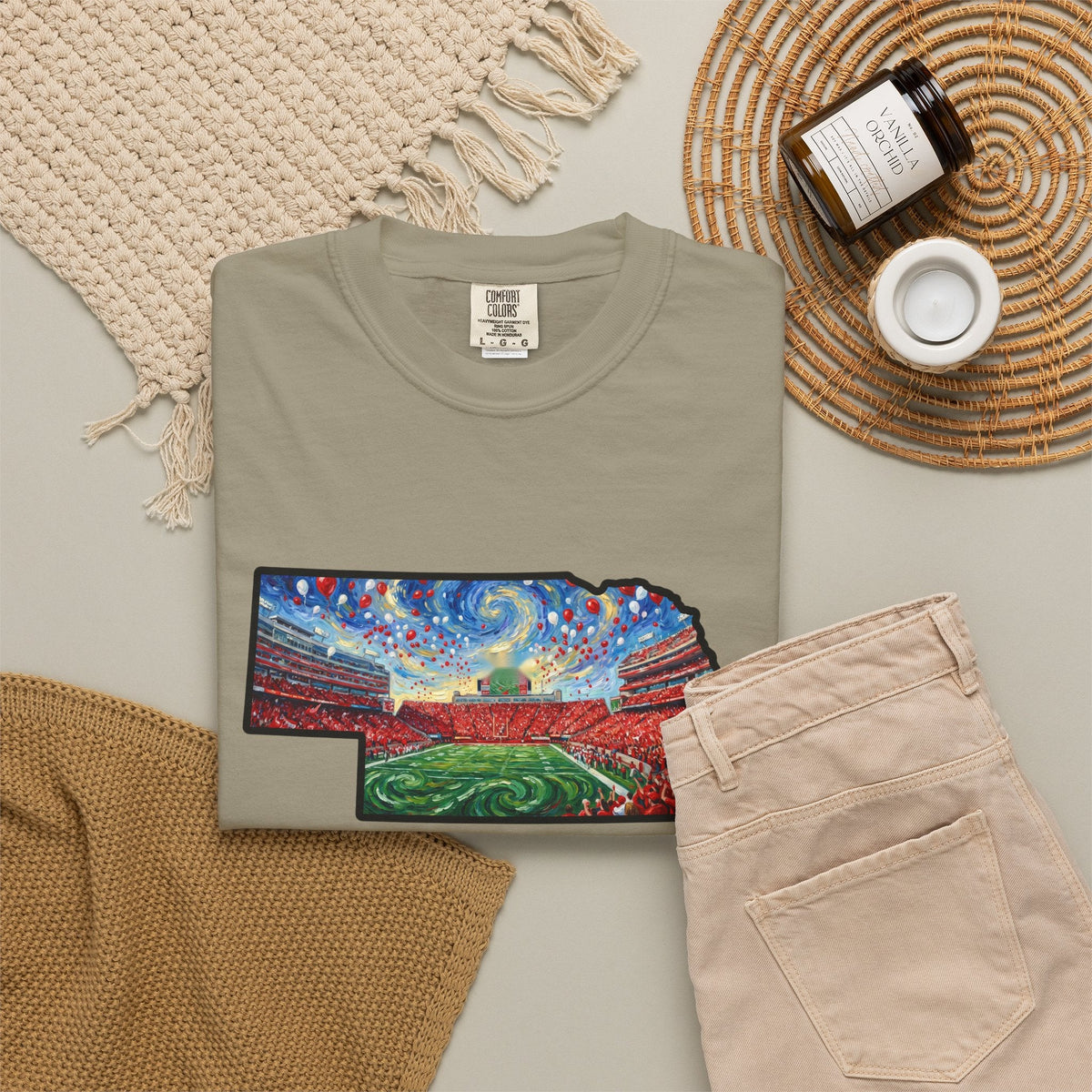 Nebraska "There is no place." Game Day T-Shirt — 100% Cotton Van Gogh Style Big Red Design - Great Gift for Gameday - Wax | Wane - art stadium tee - T-Shirt33