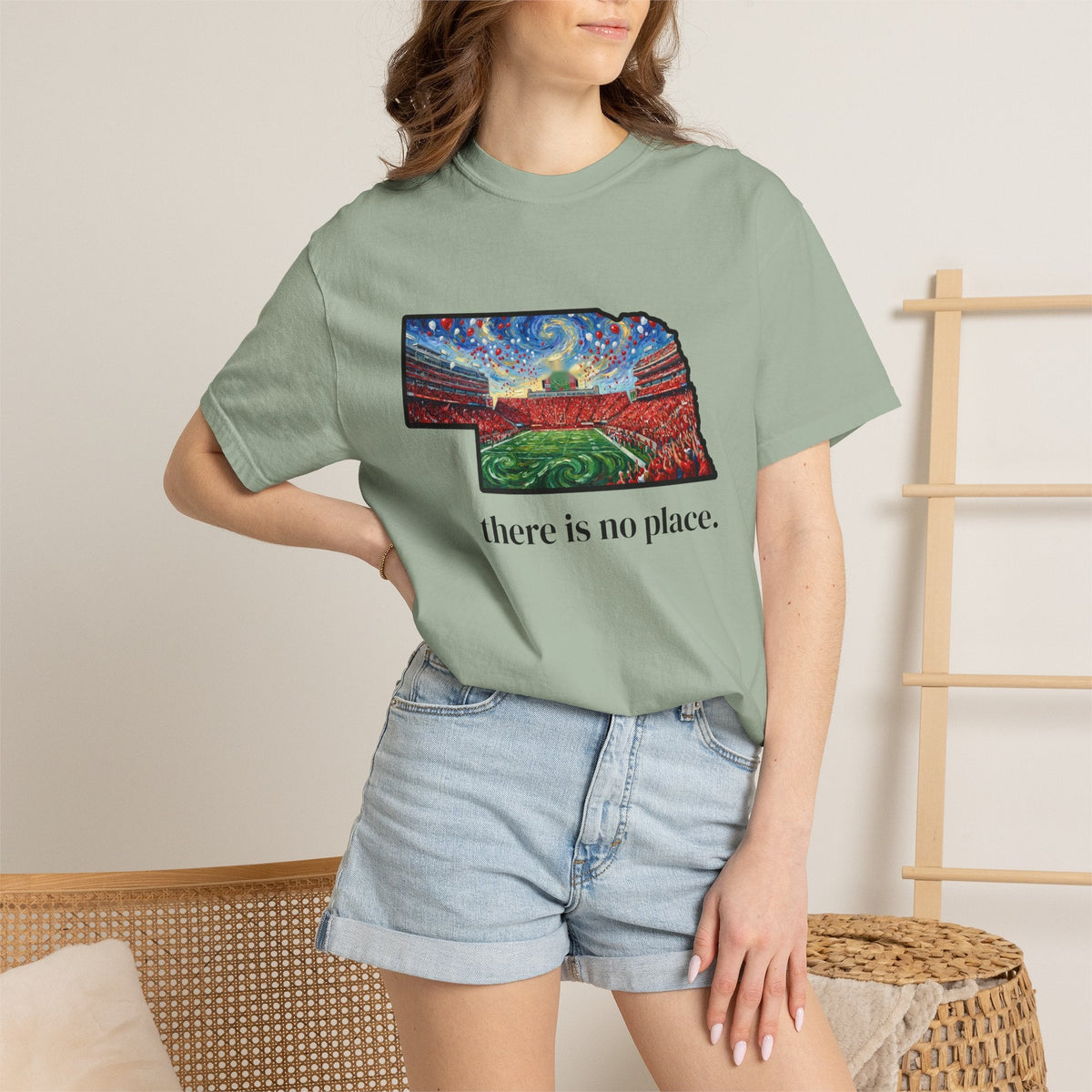 Nebraska "There is no place." Game Day T-Shirt — 100% Cotton Van Gogh Style Big Red Design - Great Gift for Gameday - Wax | Wane - art stadium tee - T-Shirt1