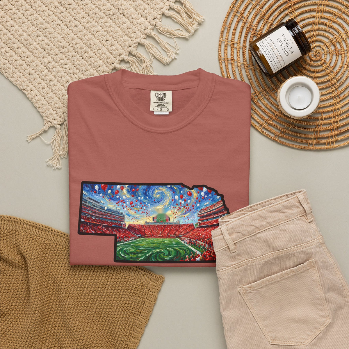 Nebraska "There is no place." Game Day T-Shirt — 100% Cotton Van Gogh Style Big Red Design - Great Gift for Gameday - Wax | Wane - art stadium tee - T-Shirt45