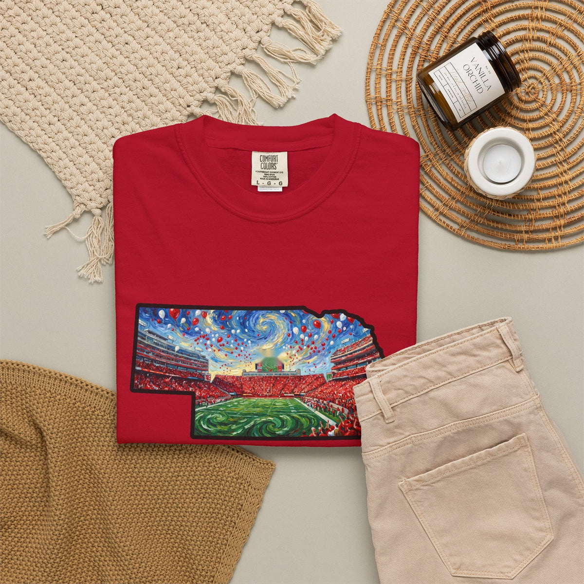 Nebraska "There is no place." Game Day T-Shirt — 100% Cotton Van Gogh Style Big Red Design - Great Gift for Gameday - Wax | Wane - art stadium tee - T-Shirt48
