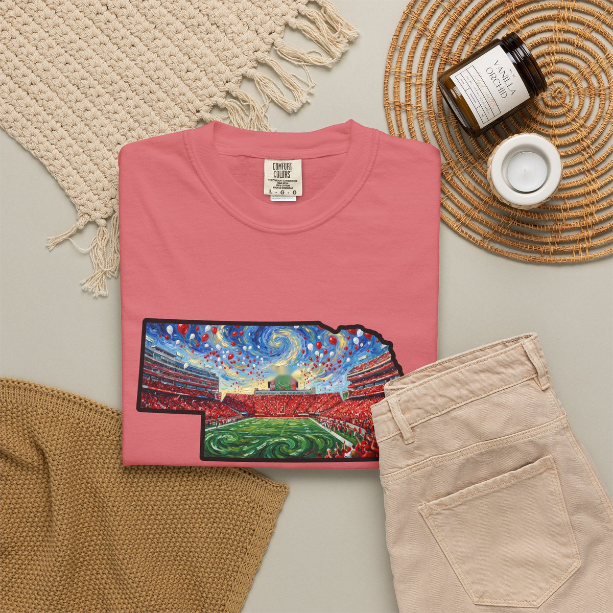 Nebraska "There is no place." Game Day T-Shirt — 100% Cotton Van Gogh Style Big Red Design - Great Gift for Gameday - Wax | Wane - art stadium tee - T-Shirt36