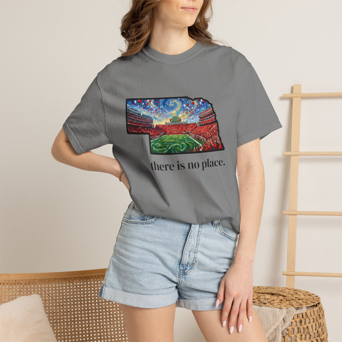 Nebraska "There is no place." Game Day T-Shirt — 100% Cotton Van Gogh Style Big Red Design - Great Gift for Gameday - Wax | Wane - art stadium tee - T-Shirt24