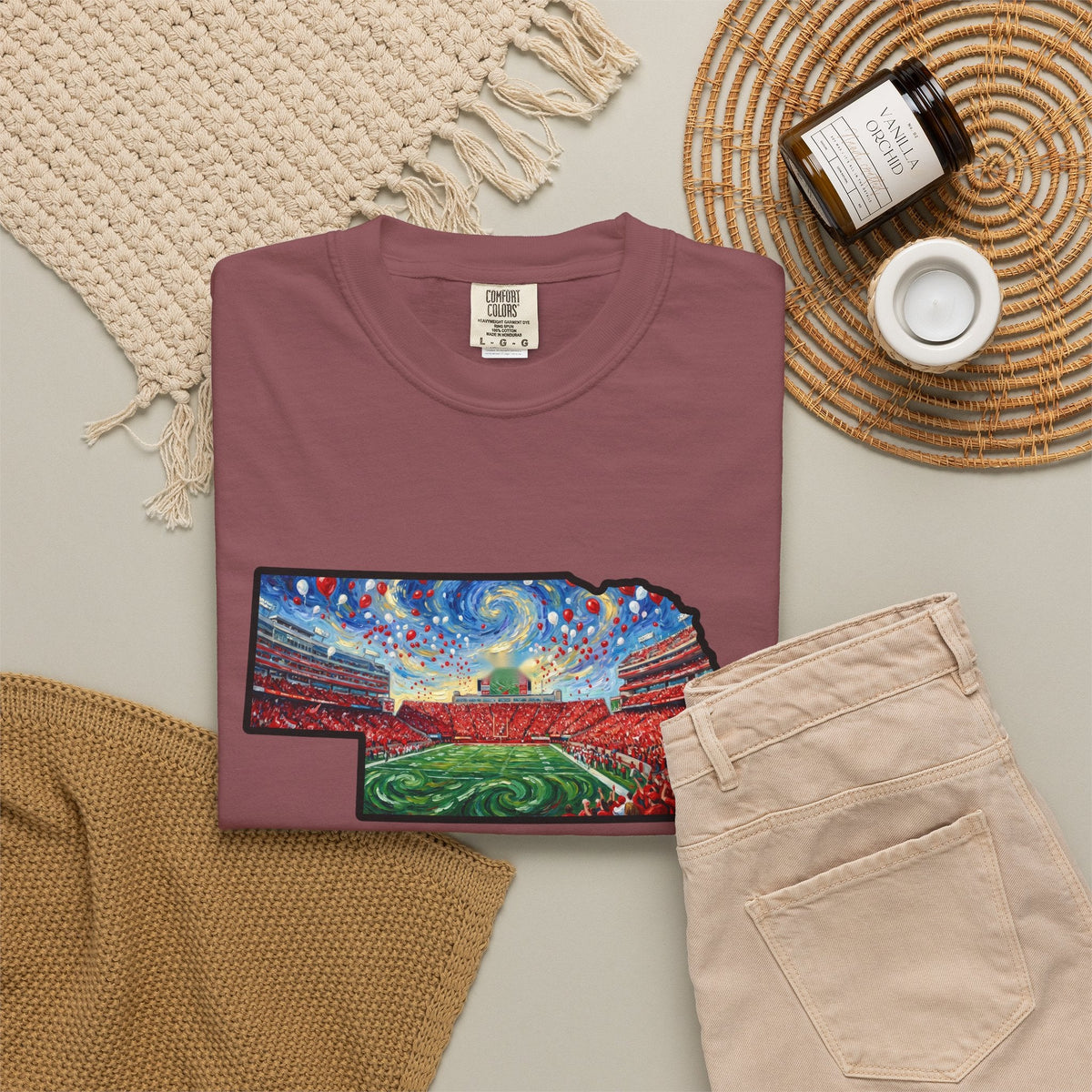 Nebraska "There is no place." Game Day T-Shirt — 100% Cotton Van Gogh Style Big Red Design - Great Gift for Gameday - Wax | Wane - art stadium tee - T-Shirt30