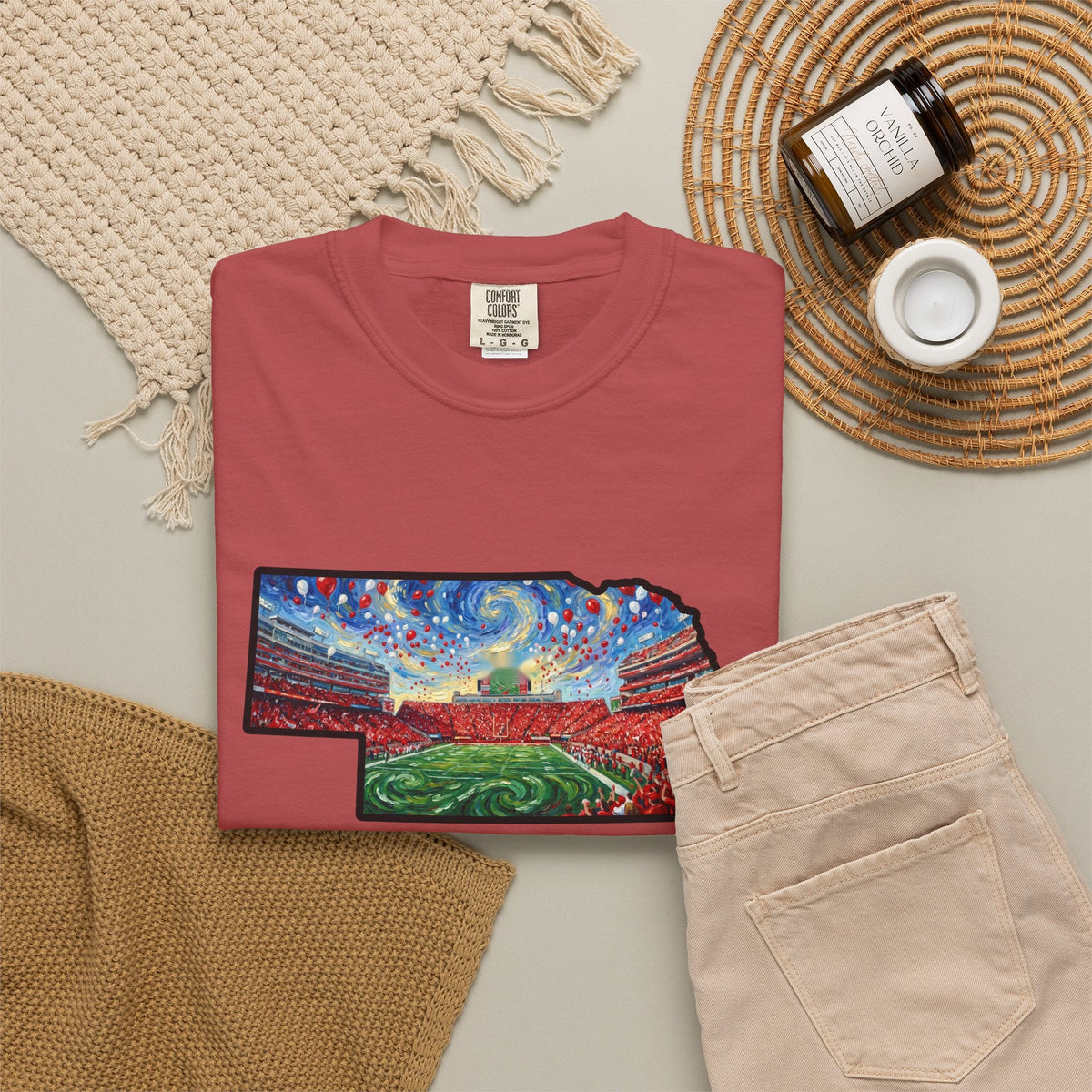 Nebraska "There is no place." Game Day T-Shirt — 100% Cotton Van Gogh Style Big Red Design - Great Gift for Gameday - Wax | Wane - art stadium tee - T-Shirt42