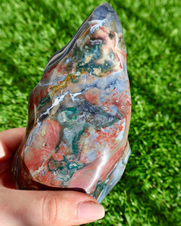 Ocean Jasper Crystal Flame, Hand Carved Decorative Sculpture, Multicolor 5-6" product image