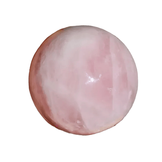 A smooth, polished pink stone sphere with natural marbling, shown on a plain white background.