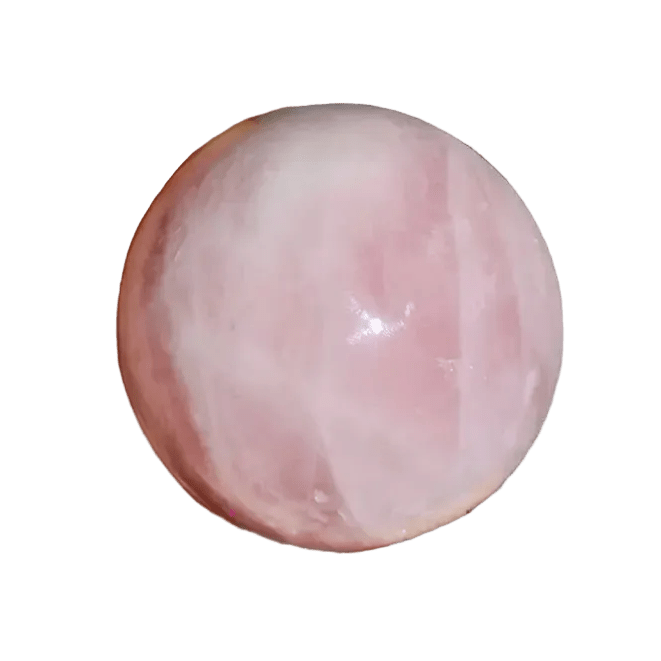 A smooth, polished pink stone sphere with natural marbling, shown on a plain white background.