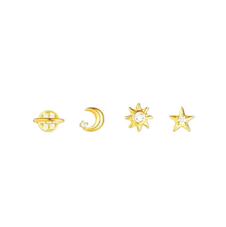 Sterling Silver Celestial Earrings - 4 piece Set with Saturn, Moon, Star, and Sun - Wax | Wane