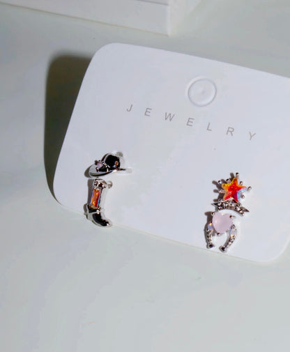 Western Charm Earring Set – 18k Gold & Silver Cowboy Studs | Rhinestone Accents, 4 - Piece Limited Edition - Wax | Wane