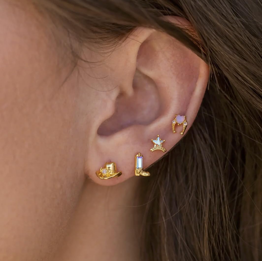 Western Charm Earring Set – 18k Gold & Silver Cowboy Studs | Rhinestone Accents, 4 - Piece Limited Edition - Wax | Wane