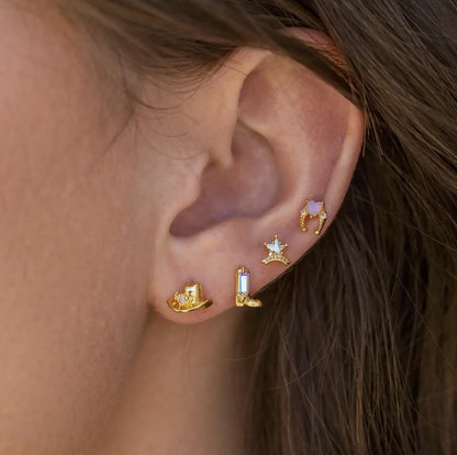 Western Charm Earring Set – 18k Gold & Silver Cowboy Studs | Rhinestone Accents, 4 - Piece Limited Edition - Wax | Wane